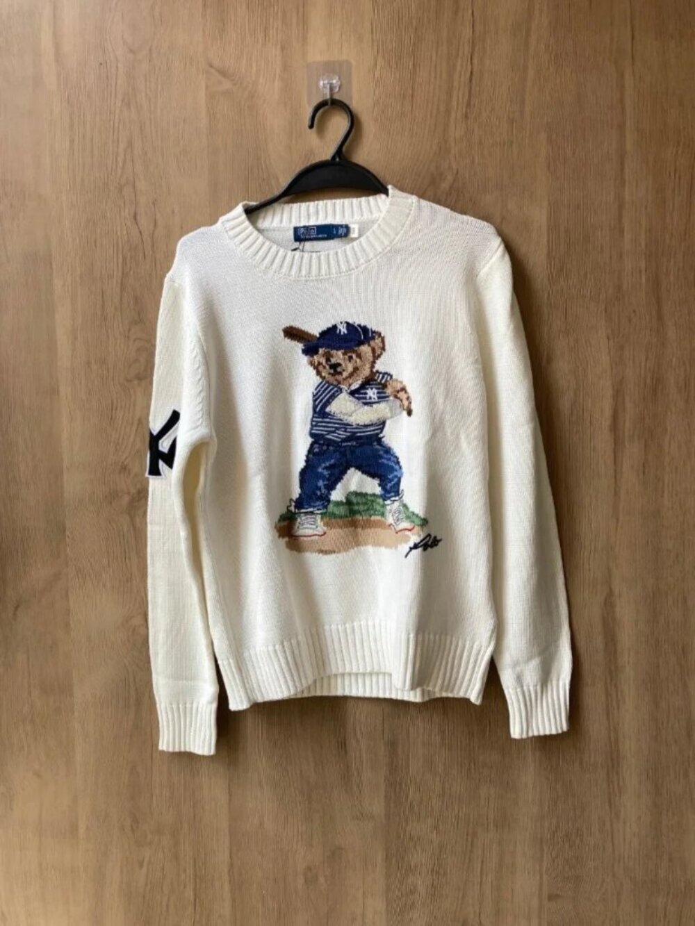 Ralph Lauren Cream Polo Bear Baseball Yankees Crewneck Sweater